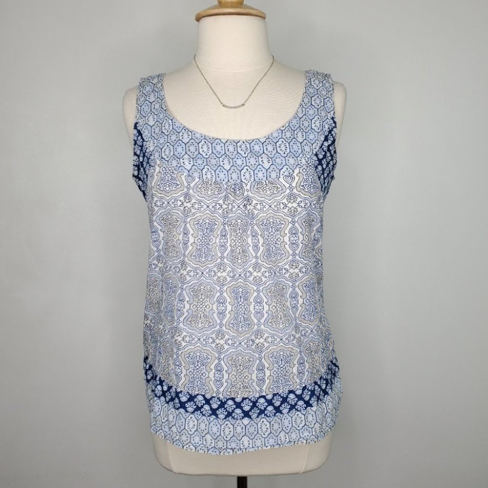 Eddie Bauer Blue White 100% Cotton Boho Mixed Pattern Sleeveless Top Size M